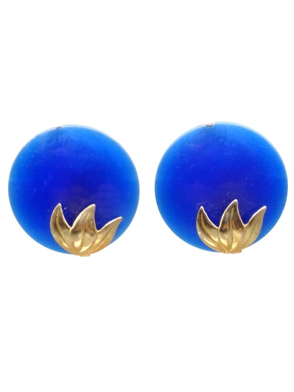 Vintage Blue Moonglow Lucite Earrings with Gold Tone Leaves Overlay, Dimensional